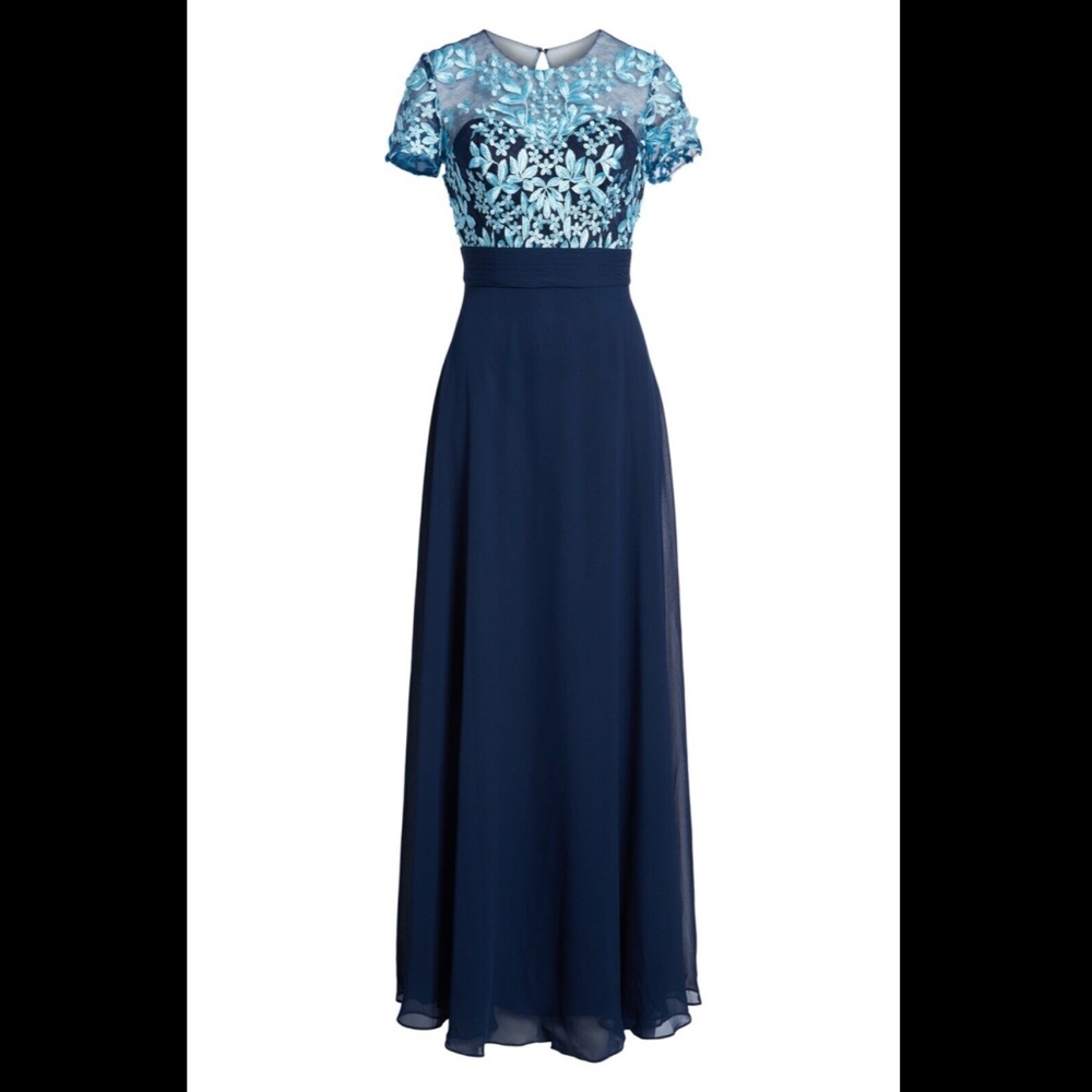 NEW $298 JS Collections Embroidered Illusion Bodice Gown Navy [SZ‎ 16 ] - Picture 2 of 12